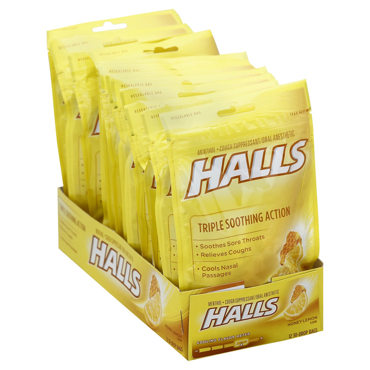 slide 5 of 5, HALLS Relief Honey Lemon Cough Drops, 12 Packs of 30 Drops (360 Total Drops), 39.36 oz