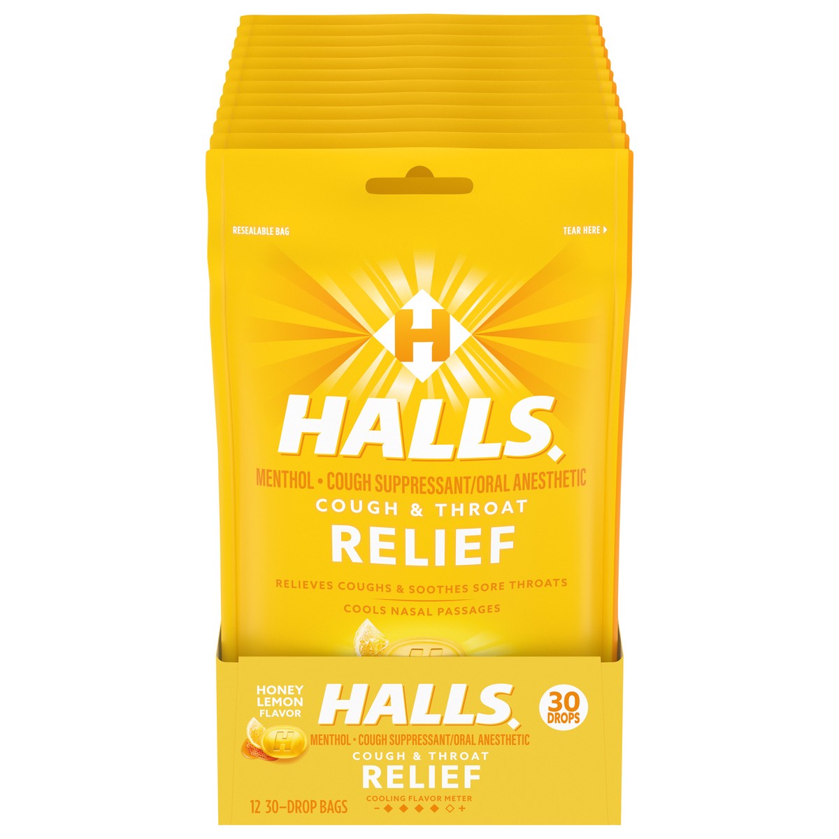 slide 1 of 5, HALLS Relief Honey Lemon Cough Drops, 12 Packs of 30 Drops (360 Total Drops), 39.36 oz