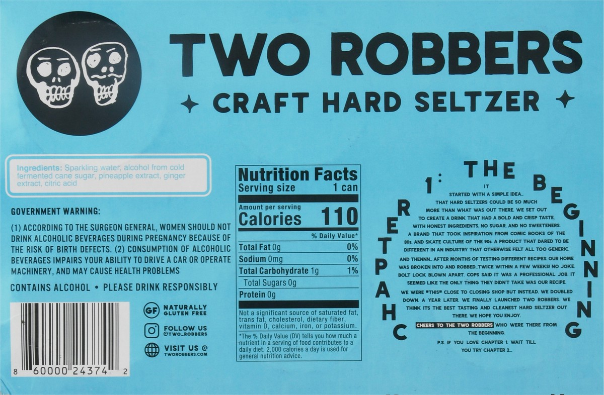 slide 10 of 14, Two Robbers Pineapple Ginger Craft Hard Seltzer 6 - 12 fl oz Cans, 6 ct