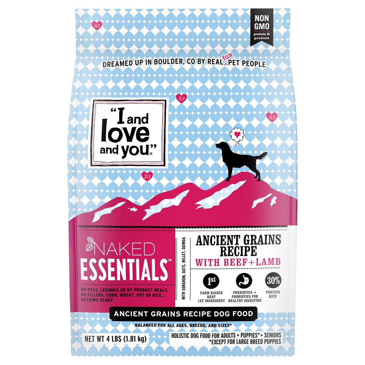 slide 1 of 29, I and Love and You "I and love and you" Naked Essentials Ancient Grains Dry Dog Food, Beef and Lamb Recipe, Prebiotics and Probiotics, Real Meat, No Fillers, 4lb Bag, 4 lb