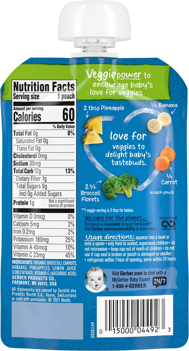 slide 9 of 9, Gerber Strong Toddler Food, Broccoli, Carrot, Banana, Pineapple, 3.5 oz. Pouch, 3.5 oz