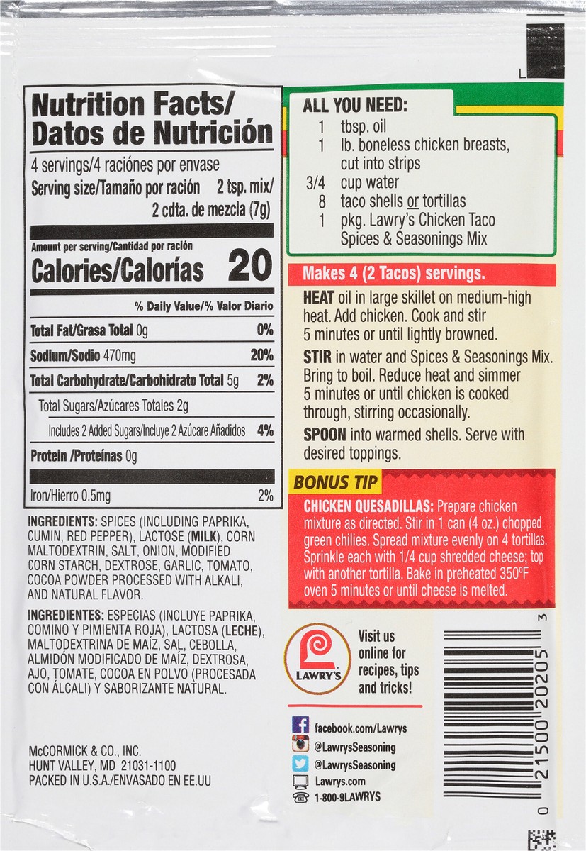 slide 3 of 7, Lawry's Chicken Taco Spices & Seasonings, 1 oz, 