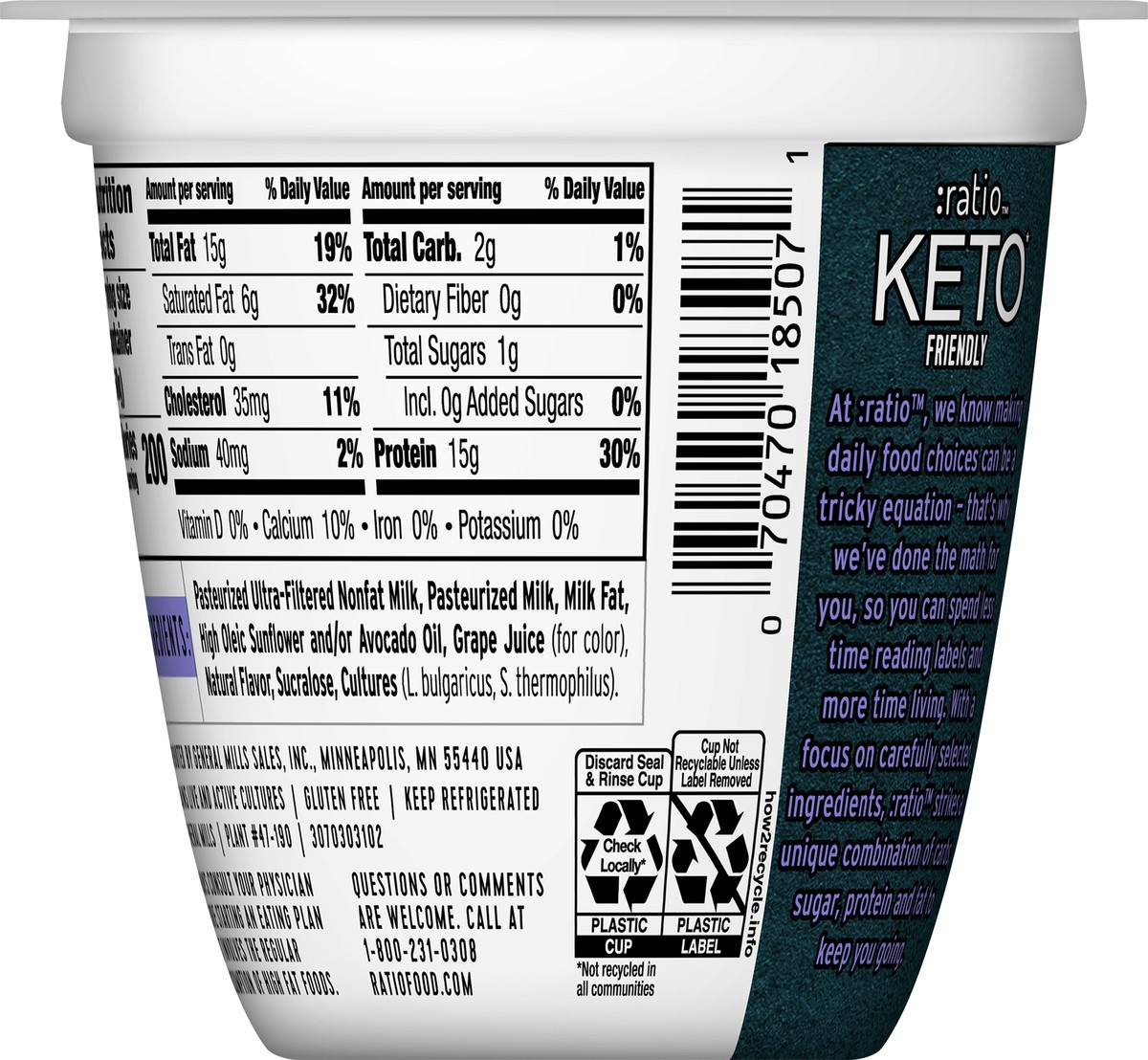 slide 4 of 9, :ratio Keto Friendly Blueberry Yogurt Cultured Dairy Snack Cup, 5.3 OZ, 5.3 oz