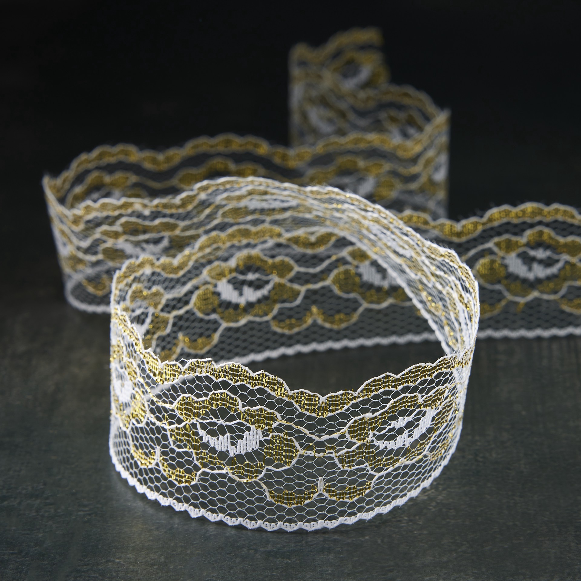slide 4 of 4, 1.25'' X 3 Yd. White And Gold Lace Trim Ribbon By Celebrate It, 1.25 in x 3 yd