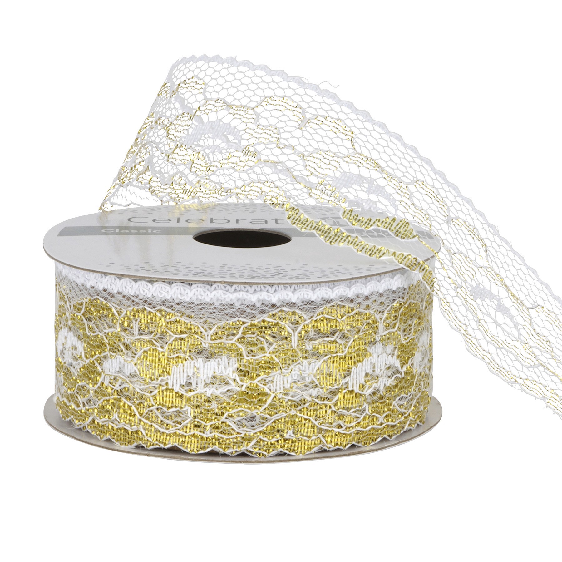 slide 3 of 4, 1.25'' X 3 Yd. White And Gold Lace Trim Ribbon By Celebrate It, 1.25 in x 3 yd