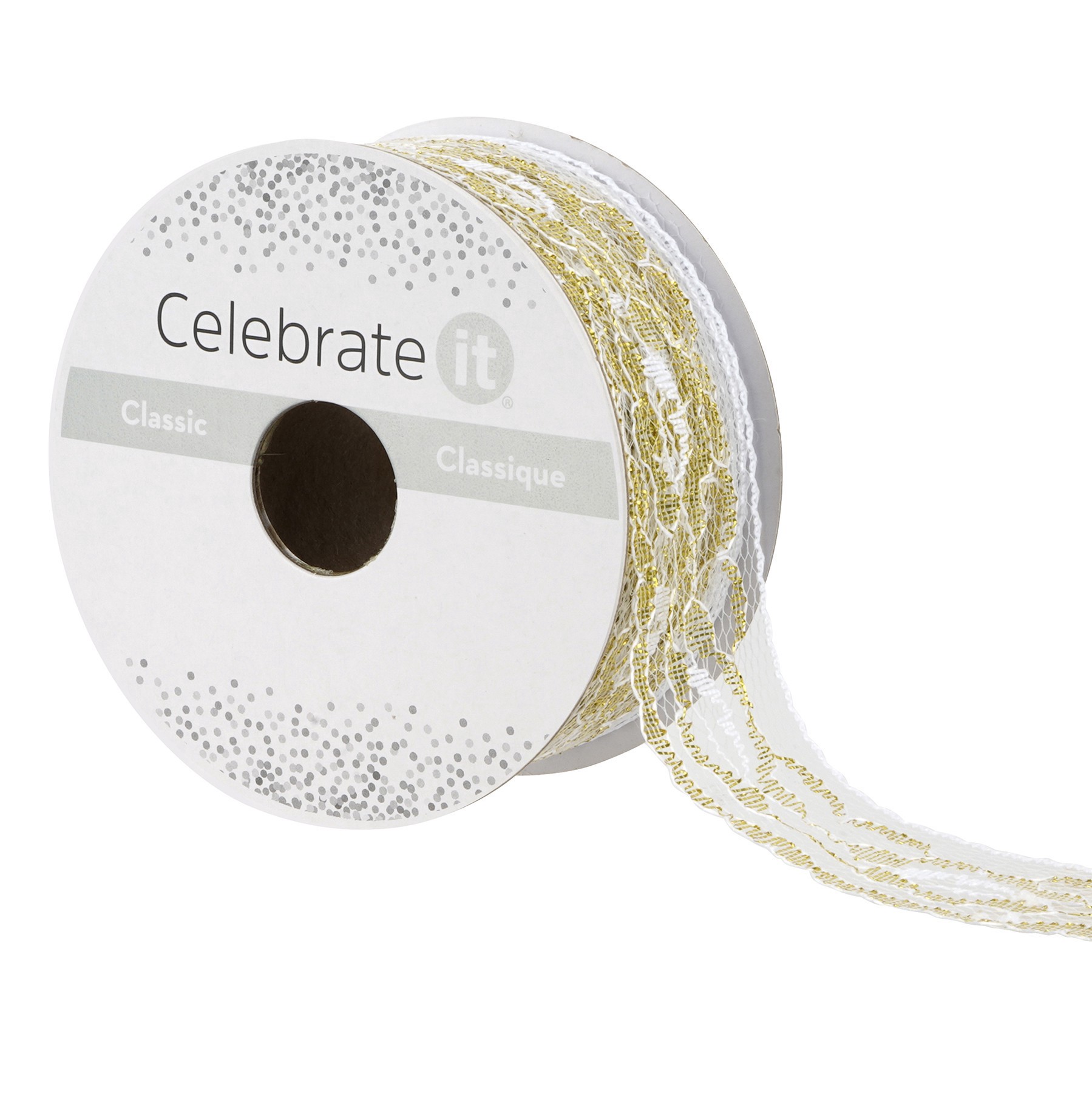 slide 2 of 4, 1.25'' X 3 Yd. White And Gold Lace Trim Ribbon By Celebrate It, 1.25 in x 3 yd