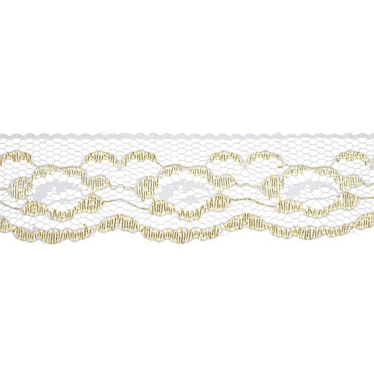 slide 1 of 4, 1.25'' X 3 Yd. White And Gold Lace Trim Ribbon By Celebrate It, 1.25 in x 3 yd