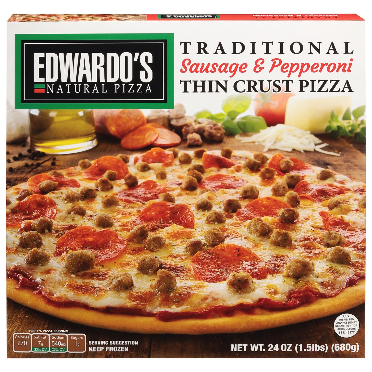 slide 1 of 9, Edwardo's Thin Crust Traditional Sausage & Peperoni Pizza 24 oz, 24 oz