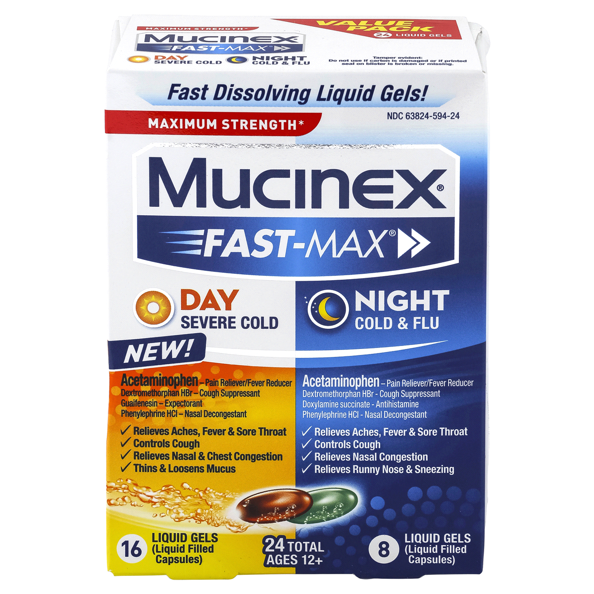 slide 1 of 6, Mucinex Fast-Max Day & Night Cold Flu & Sore Throat Liquid Gels, 24 ct