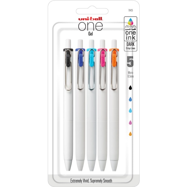 uniball One Retractable Gel Pens, Micro Point, White Barrel, Assorted