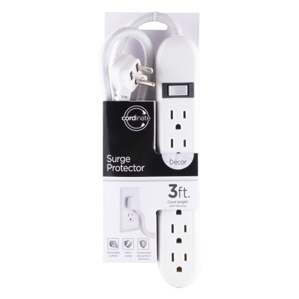 slide 1 of 1, Cordinate 6-Outlet Surge Protector, 3' Cord, Gray/White, 41638, 3 ft