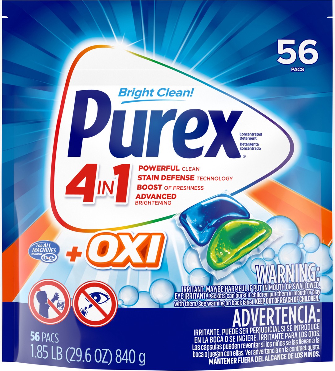 slide 3 of 3, Purex 4-in-1 + OXI Laundry Detergent Pacs, Fresh Morning Burst, 56 Count, 56 ct