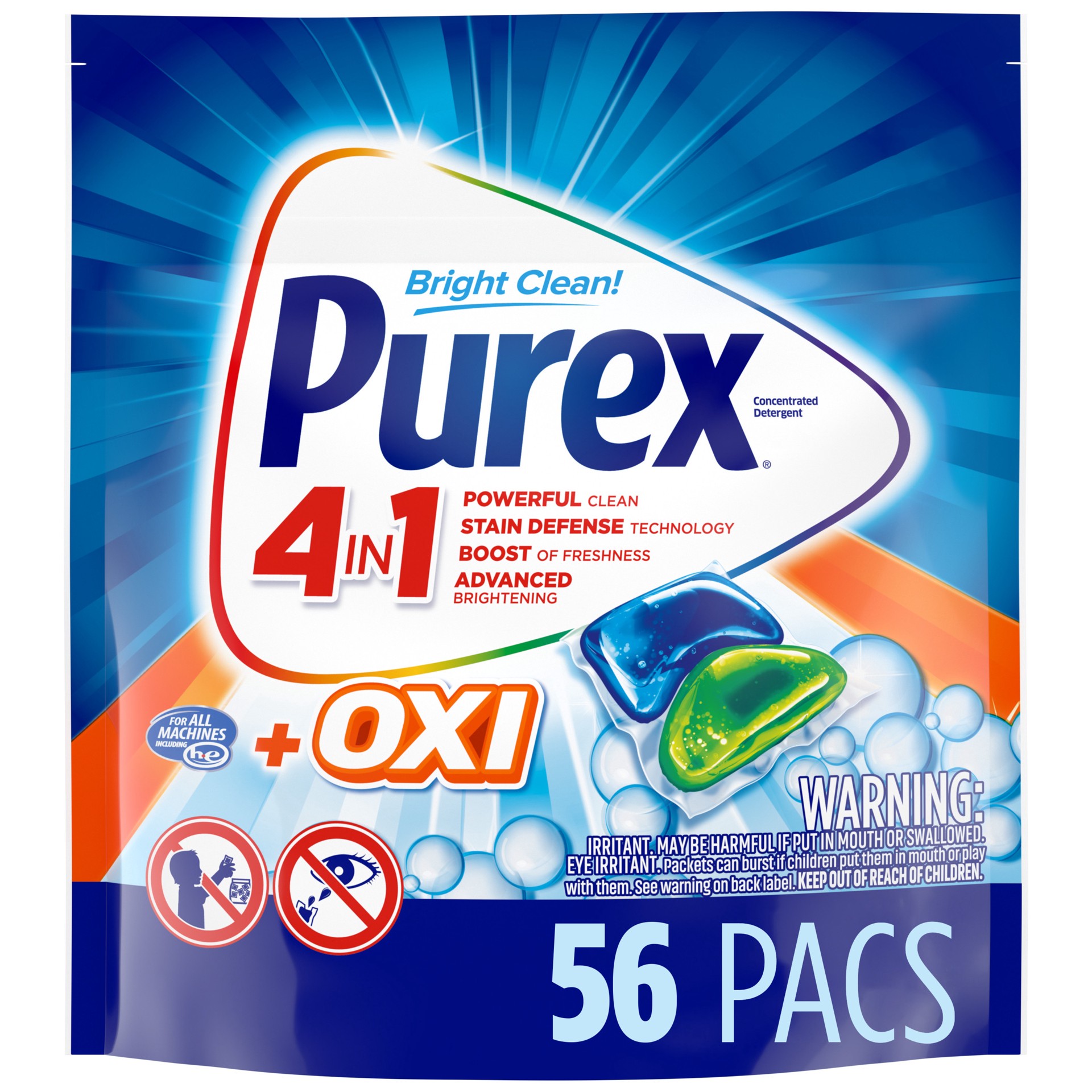 slide 1 of 3, Purex 4-in-1 + OXI Laundry Detergent Pacs, Fresh Morning Burst, 56 Count, 56 ct