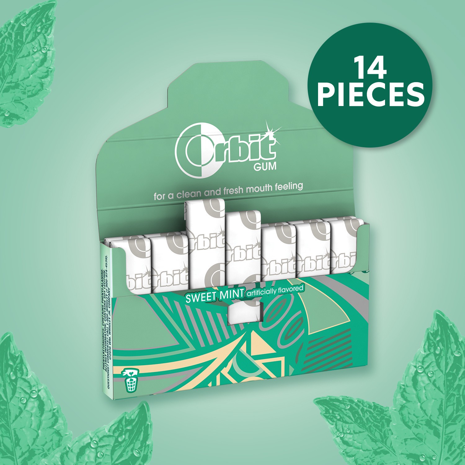 slide 4 of 8, ORBIT Gum Sweet Mint Sugar Free Chewing Gum, Single Pack, 14 Piece, 14 pc