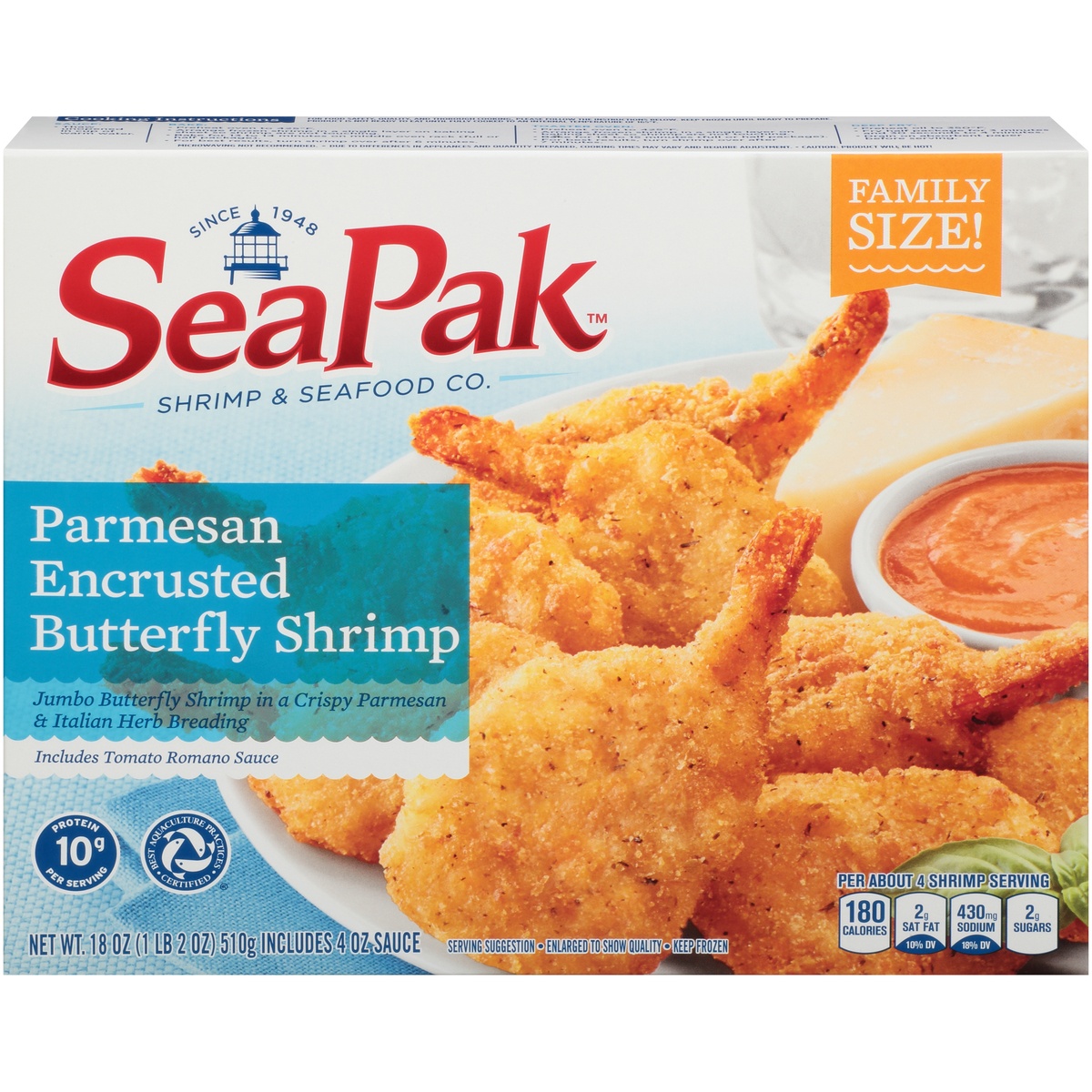 slide 1 of 8, SeaPak Shrimp & Seafood Co. Parmesan Encrusted Butterfly Shrimp with Bonus Tomato Romano Sauce 18 oz. Box, 18 oz