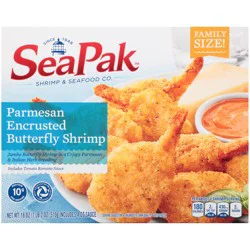 SeaPak Shrimp & Seafood Co. Parmesan Encrusted Butterfly Shrimp with Bonus Tomato Romano Sauce 18 oz. Box