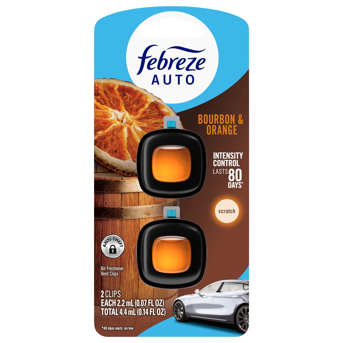 slide 1 of 9, Febreze Auto Vent Clips Bourbon & Orange Air Freshener 2 - 0.07 fl oz Each, 2 ct