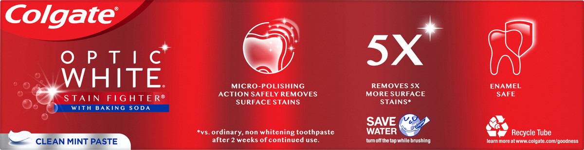 slide 4 of 7, Colgate Optic White Stain Fighter with Baking Soda Stain Removal Toothpaste, Clean Mint, 6 Oz, 6 oz
