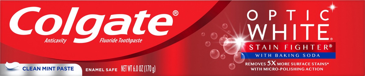 slide 5 of 7, Colgate Optic White Stain Fighter with Baking Soda Stain Removal Toothpaste, Clean Mint, 6 Oz, 6 oz