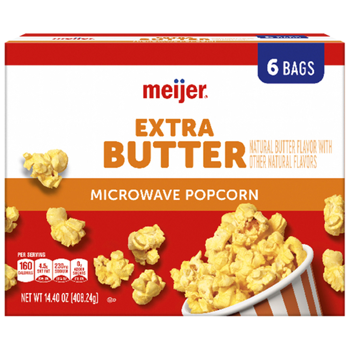 slide 1 of 29, Meijer Extra Butter Microwave Popcorn, 6 ct, 14.4 oz