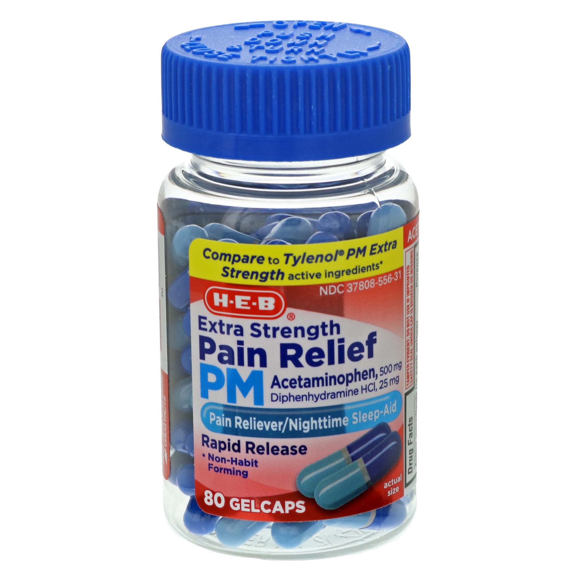 slide 1 of 1, H-E-B Pain Relief PM Extra Strength Gel Capsules Clear Bottle, 80 ct