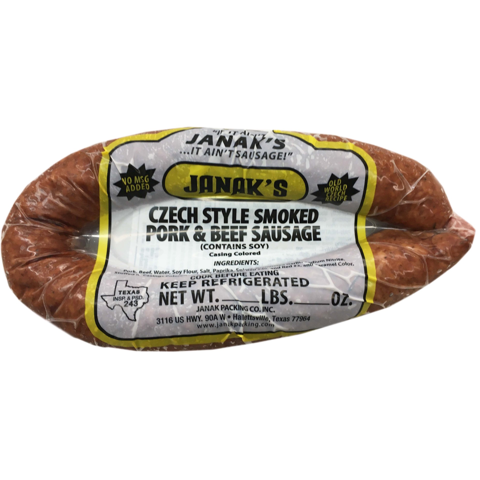 slide 1 of 1, Janak's Smoked Pork and Beef Sausage, per lb