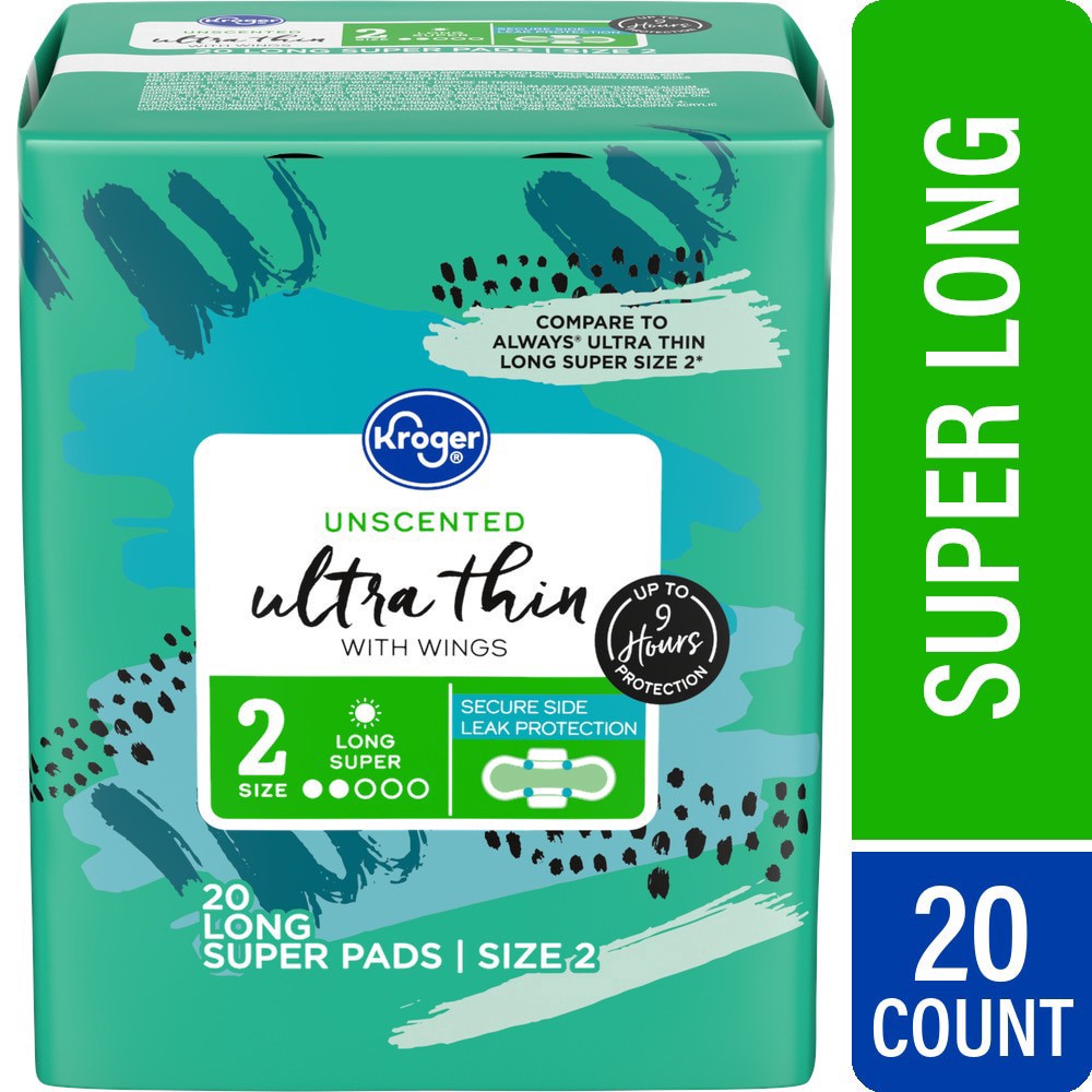 slide 1 of 1, Kroger® Ultra Thin Pads with Wings Long Super Size 2 Unscented, 16 ct