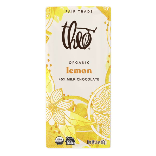 slide 1 of 1, Theo Organic Lemon 45% Milk Chocolate Bar, 3 oz