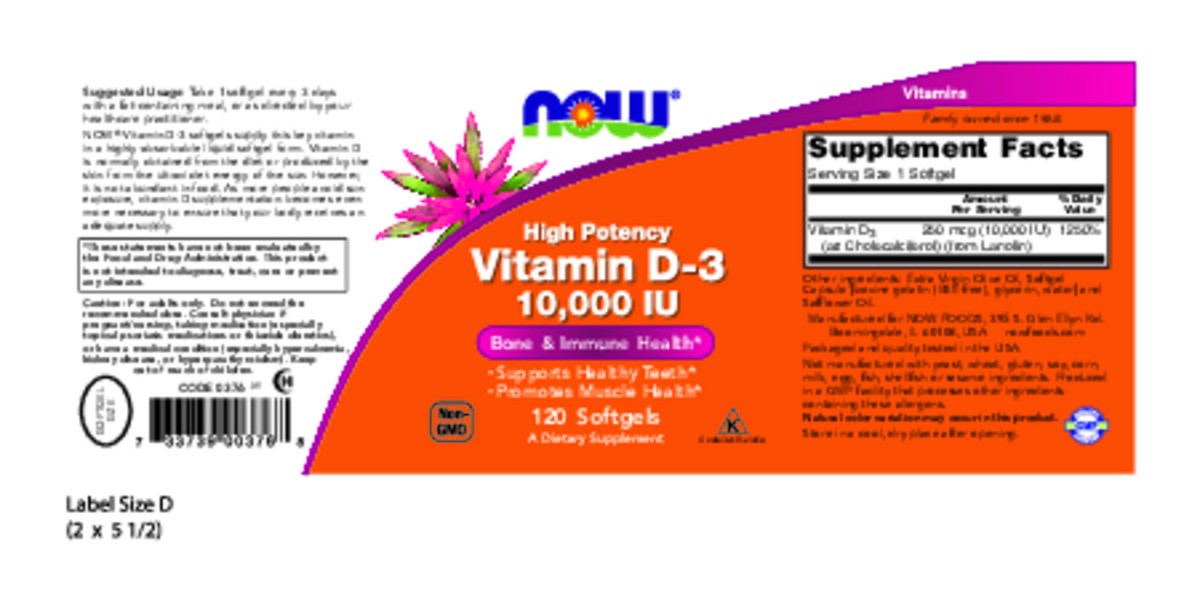 slide 5 of 7, NOW Vitamin D-3 10,000 IU - 120 Softgels, 120 ct