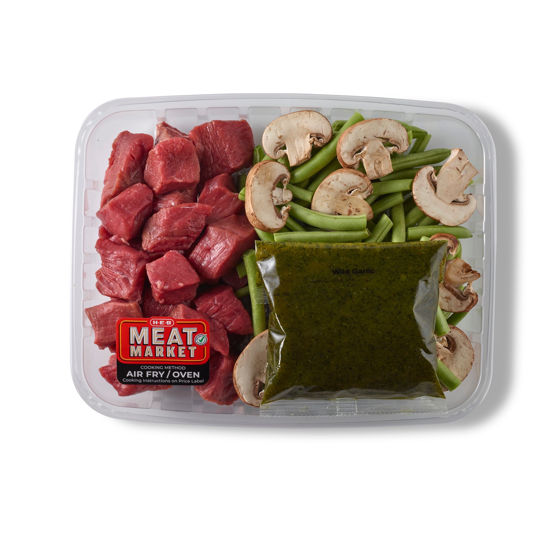 slide 1 of 1, H-E-B Meat Market Air Fry Kit - Wild Garlic Beef Sirloin Tips & Veggies, per lb