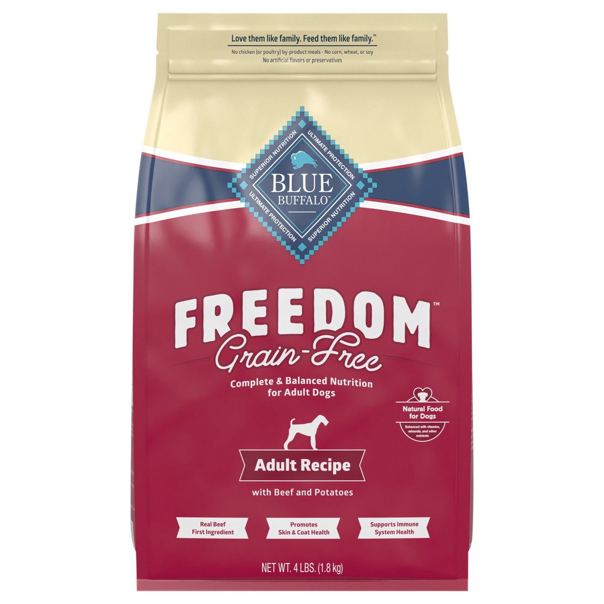 slide 1 of 9, Blue Buffalo Freedom Grain-Free Dry Dog Food, Complete & Balanced Nutrition for Adult Dogs, Made in the USA With Natural Ingredients, Beef & Potatoes, 4-lb Bag, 4 lb