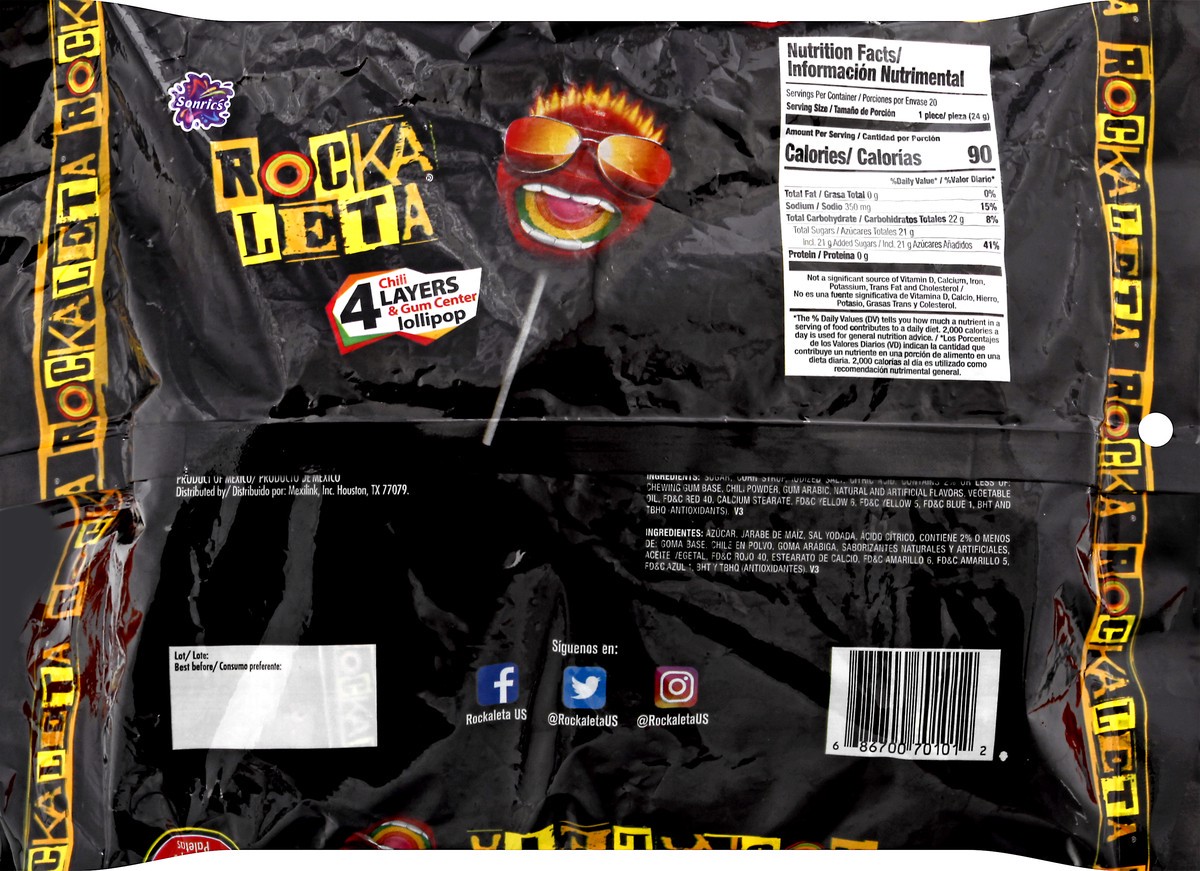 slide 8 of 9, Rocka Leta 4 Layer Chili & Gum Center Lollipop 20 ea, 16.9 oz