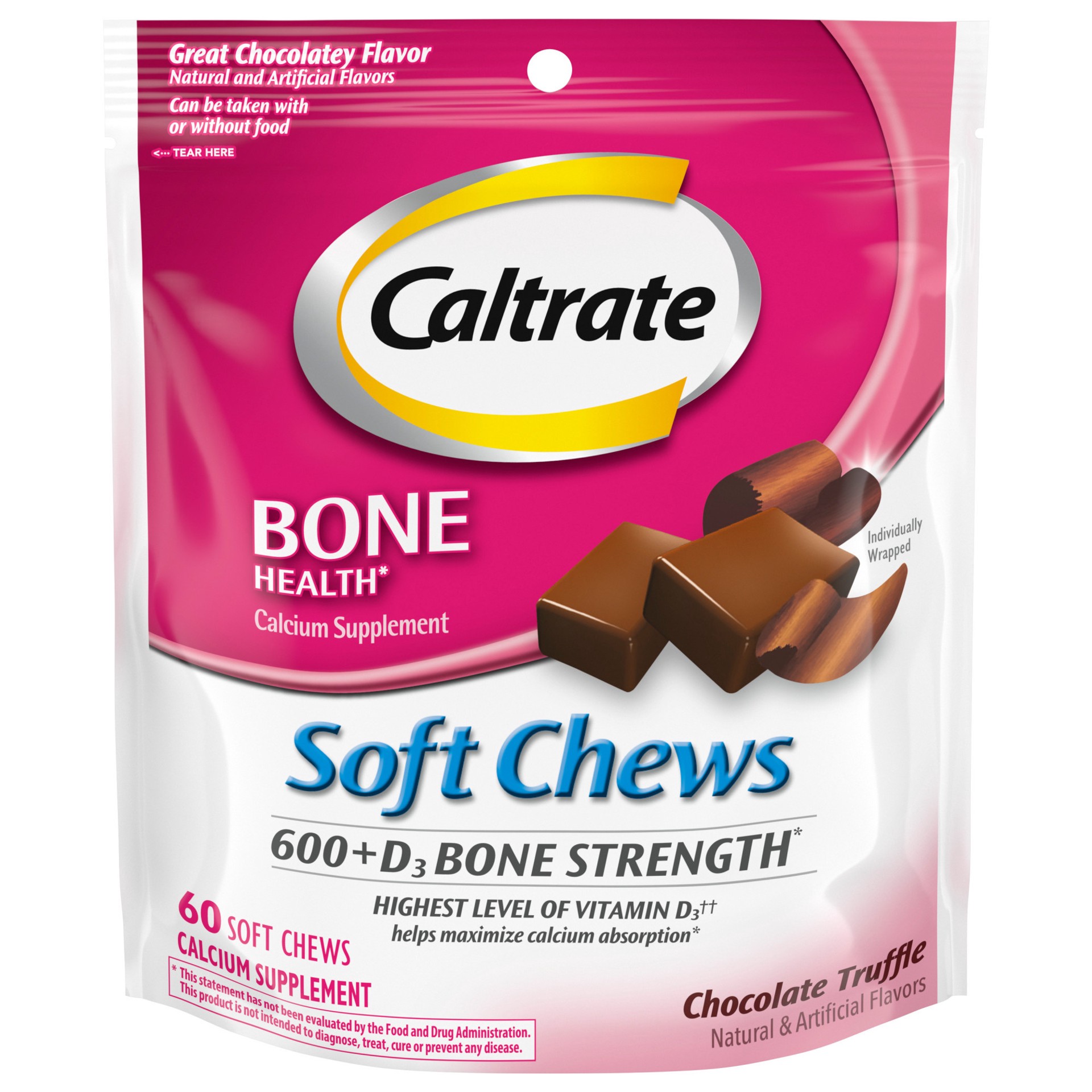 slide 1 of 1, Caltrate 600+D3 and Calcium Supplement Chocolate Truffle Soft Chews, 60 ct