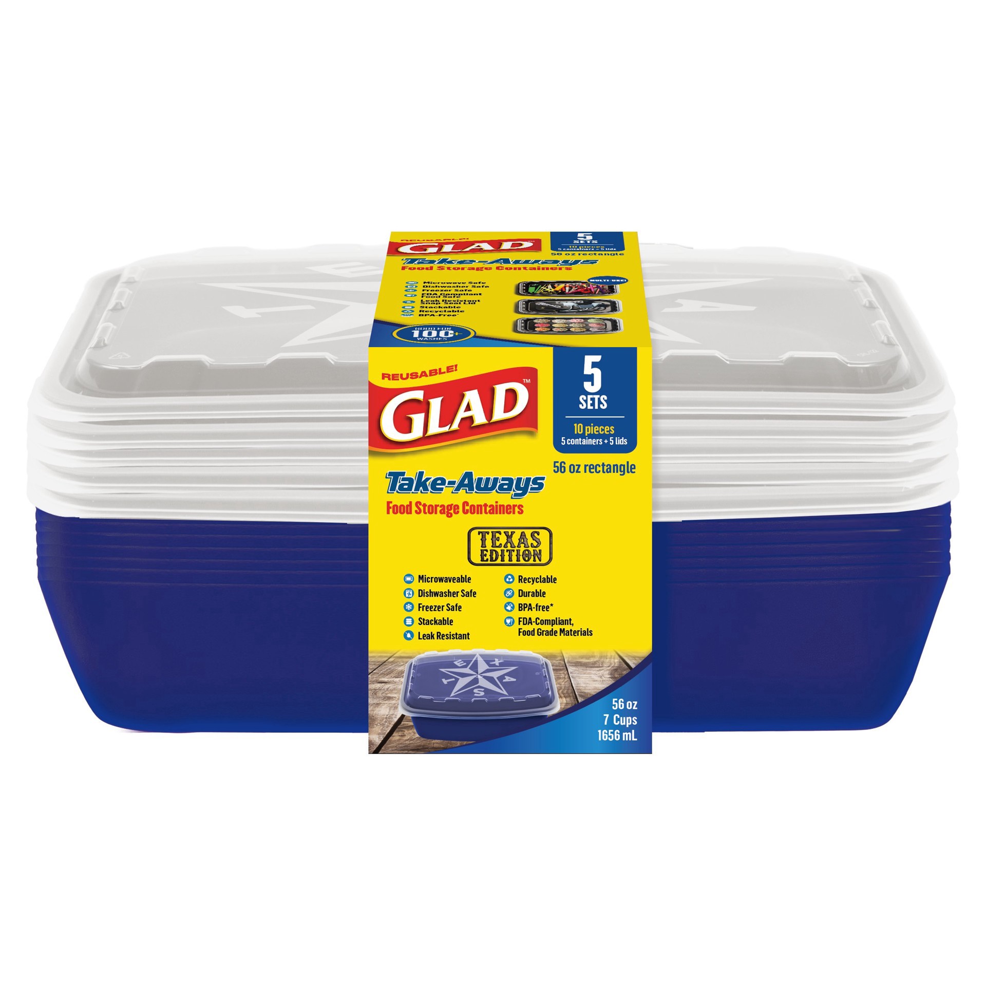 slide 1 of 1, Glad Take-Aways Rectangle Food Storage Containers - Blue Texas Edition, 5 pk, 56 oz