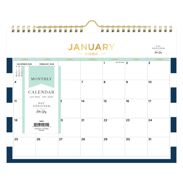 slide 2 of 2, Blue Sky 2026 Blue Sky Day Designer Monthly Wall Calendar, 11"" x 8-3/4"", Rugby Stripe Navy, January To December, 155621, 1 ct