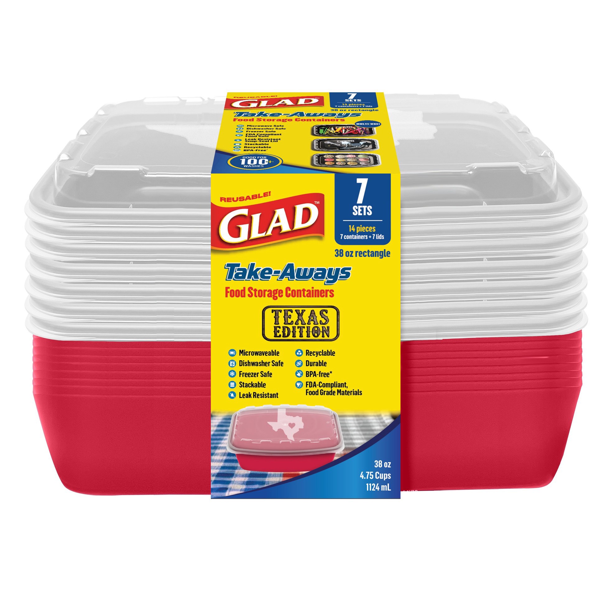 slide 1 of 1, Glad Take-Aways Rectangle Food Storage Containers - Red Texas Edition, 7 pk, 38 oz