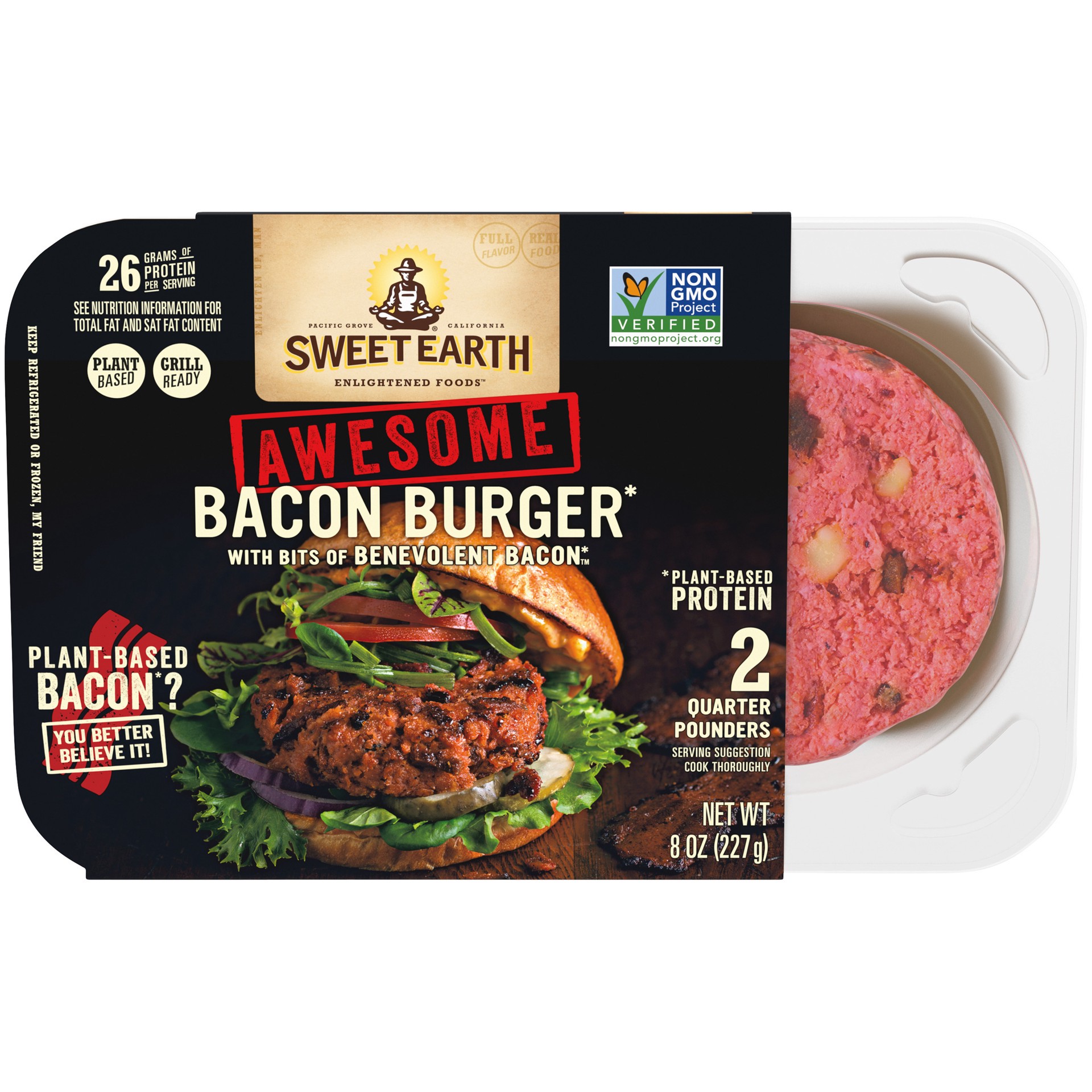 slide 1 of 2, SWEET EARTH Awesome Bacon Burger 8oz Box, 8 oz