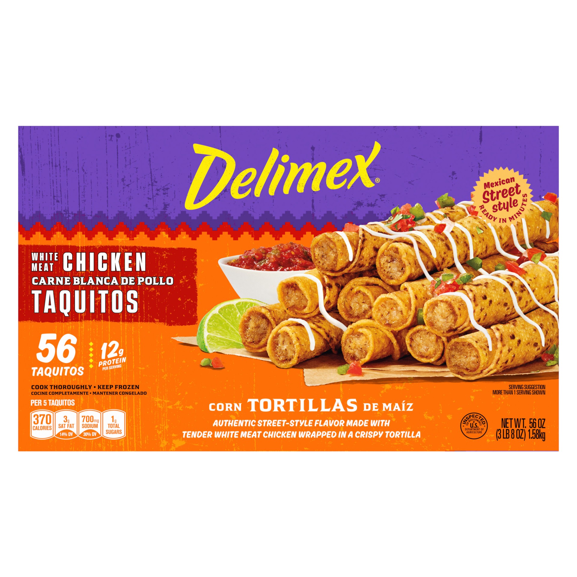 slide 5 of 5, Delimex White Meat Chicken Corn Taquitos Frozen Snacks, 56 ct