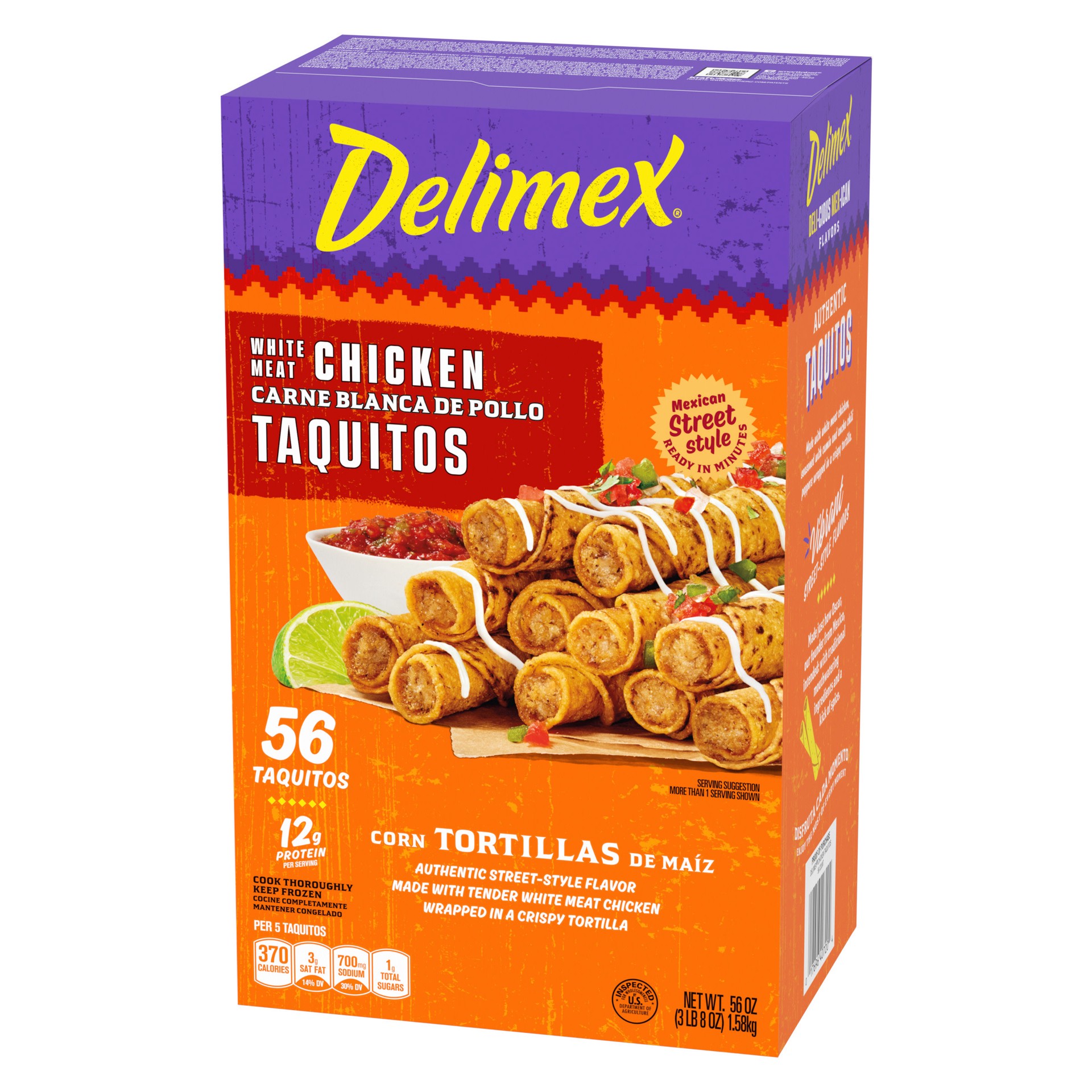 slide 2 of 5, Delimex White Meat Chicken Corn Taquitos Frozen Snacks, 56 ct