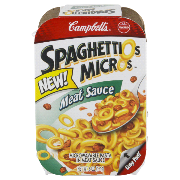 slide 1 of 1, Campbell's SpaghettiO's MicrO's Meat Sauce Microwaveable Pasta, 6 oz