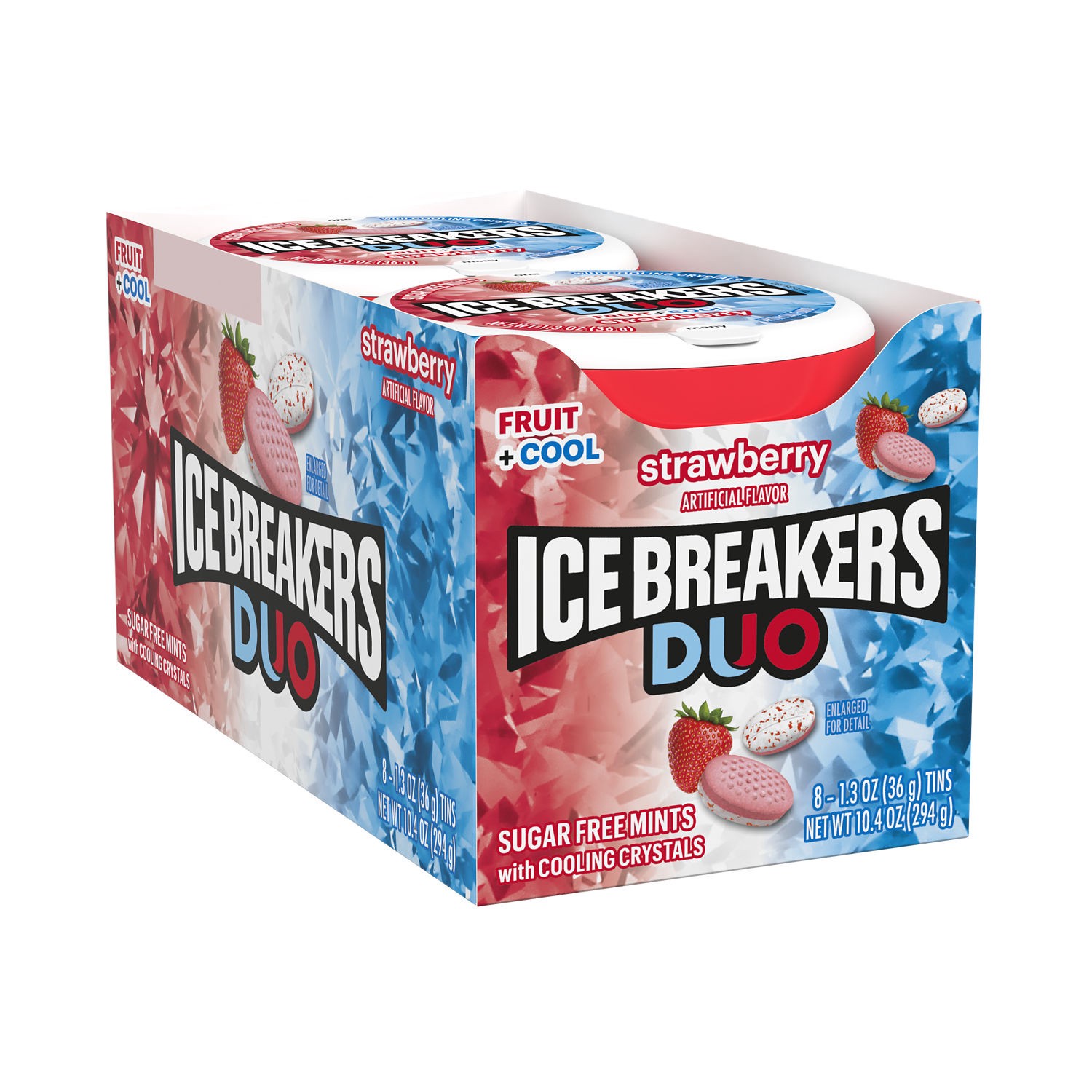 slide 1 of 8, Ice Breakers Duo Fruit Plus Cool Strawberry Sugar Free Mints Tins, 1.3 oz (8 Count), 1.3 oz