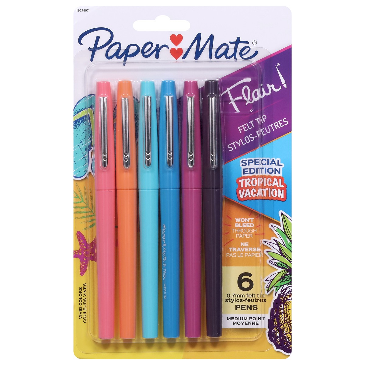 slide 1 of 11, Paper Mate Flair Felt Tip Pens, Medium Point, Limited Edition Tropical Colors, 6 ct