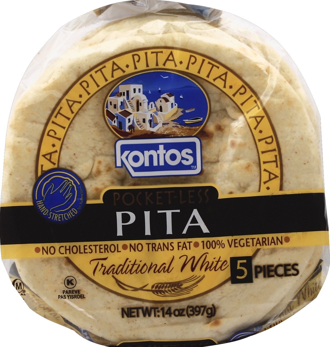 slide 1 of 5, Kontos Pocketless Traditional White Pita, 14 oz