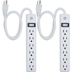 GE 6-Outlet Power Strip, 2' Cord, White, Pack Of 2