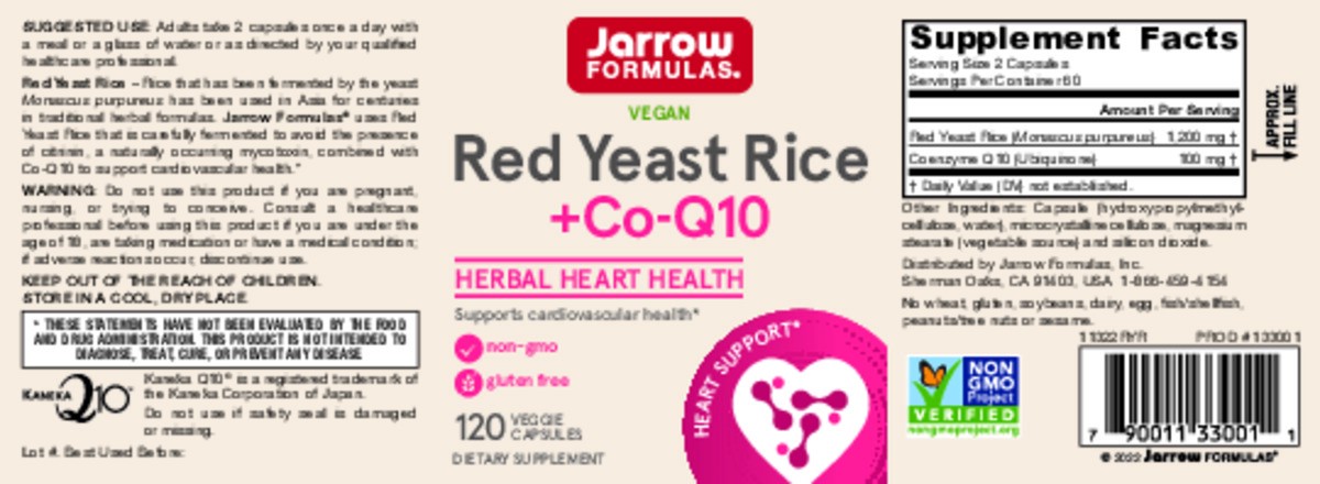 slide 9 of 9, Jarrow Formulas Red Yeast Rice 1200 mg + Co-Q10 100 mg Per Serving - 120 Veggie Caps - 60 Servings - Herbal Heart Health Dietary Supplement - Supports Cardiovascular Health - Vegan, 120 ct