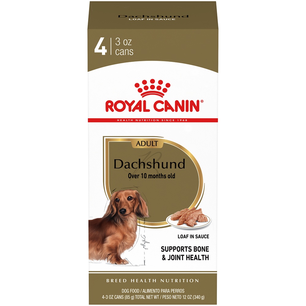 slide 1 of 9, Royal Canin Breed Health Nutrition Dachshund Loaf in Sauce Dog Food Multipack, 4 ct; 3 oz