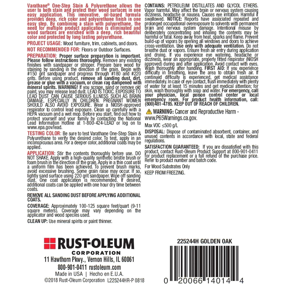 slide 2 of 2, Rustoleum Varathane One Step Stain and Poly Oil Based - 225250H, Quart, Golden Oak, 1 qt