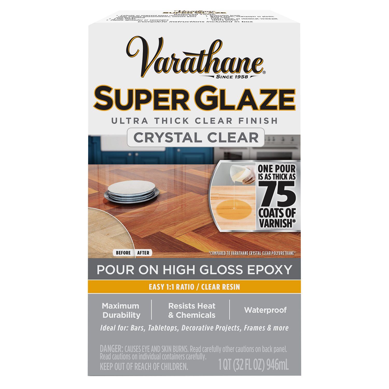 slide 4 of 4, Rustoleum Varathane Super Glaze Crystal Clear Ultra Thick Clear Finish Pour On High Gloss Epoxy, 1 qt