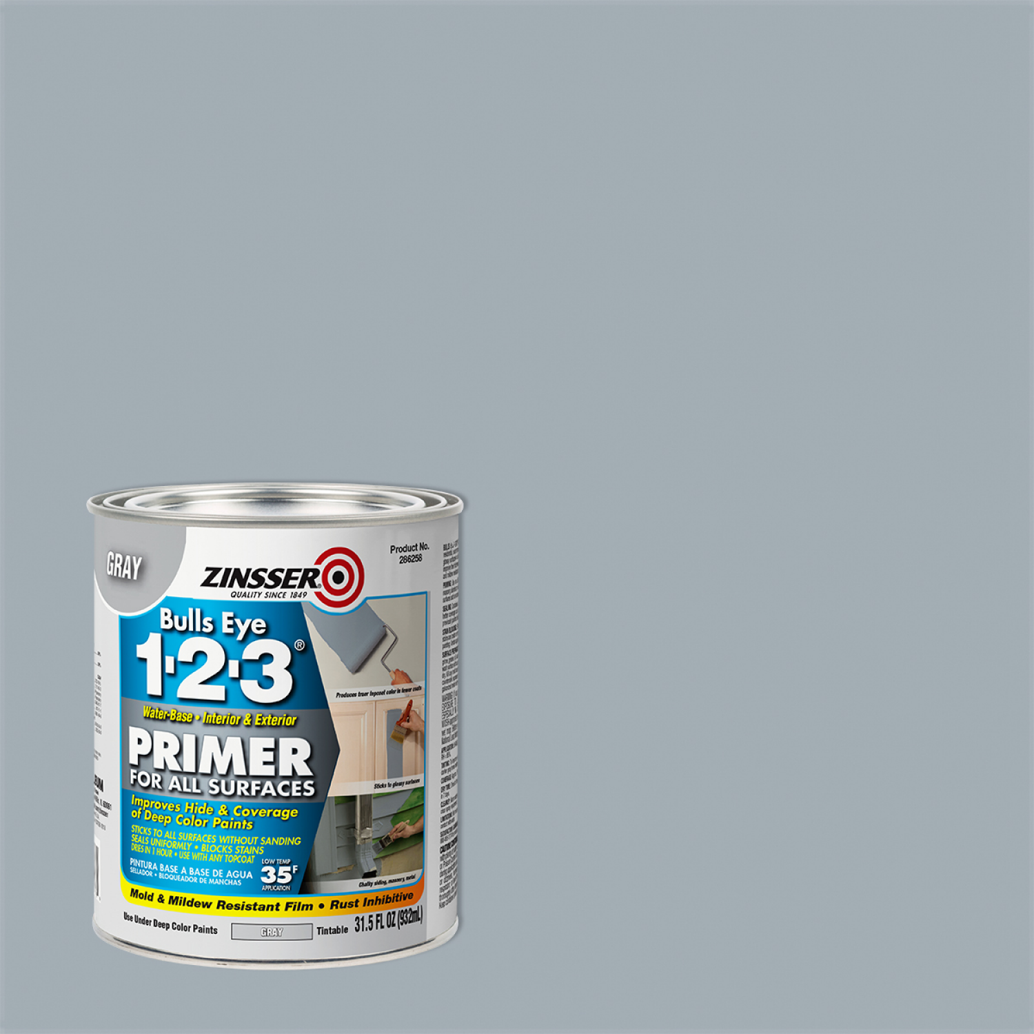 slide 1 of 3, Rustoleum Bulls Eye 1-2-3 All Surface Primer- 286258, Quart, Gray, 1 qt