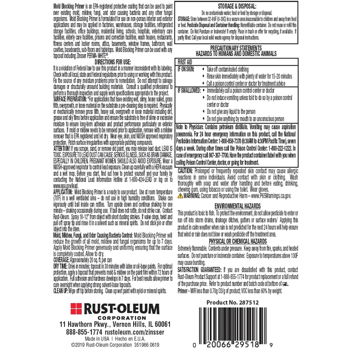 slide 2 of 2, Rustoleum Zinsser Mold Blocking Primer - 287512, White, 13 oz